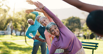 Buy stock photo Class, stretching and workout with old people in park for wellness, fitness or mobility exercise. Joint friendly training, retirement and learning with senior men and women outdoor for warm up