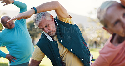 Buy stock photo Class, stretching and fitness with old man in park for wellness, workout or mobility exercise. Joint friendly training, retirement and learning with group of senior people outdoor for health warm up