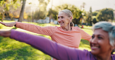 Buy stock photo Yoga, stretching and smile with old people in park for wellness, class or mobility exercise. Joint friendly training, retirement and learning with senior women outdoor for health and fitness