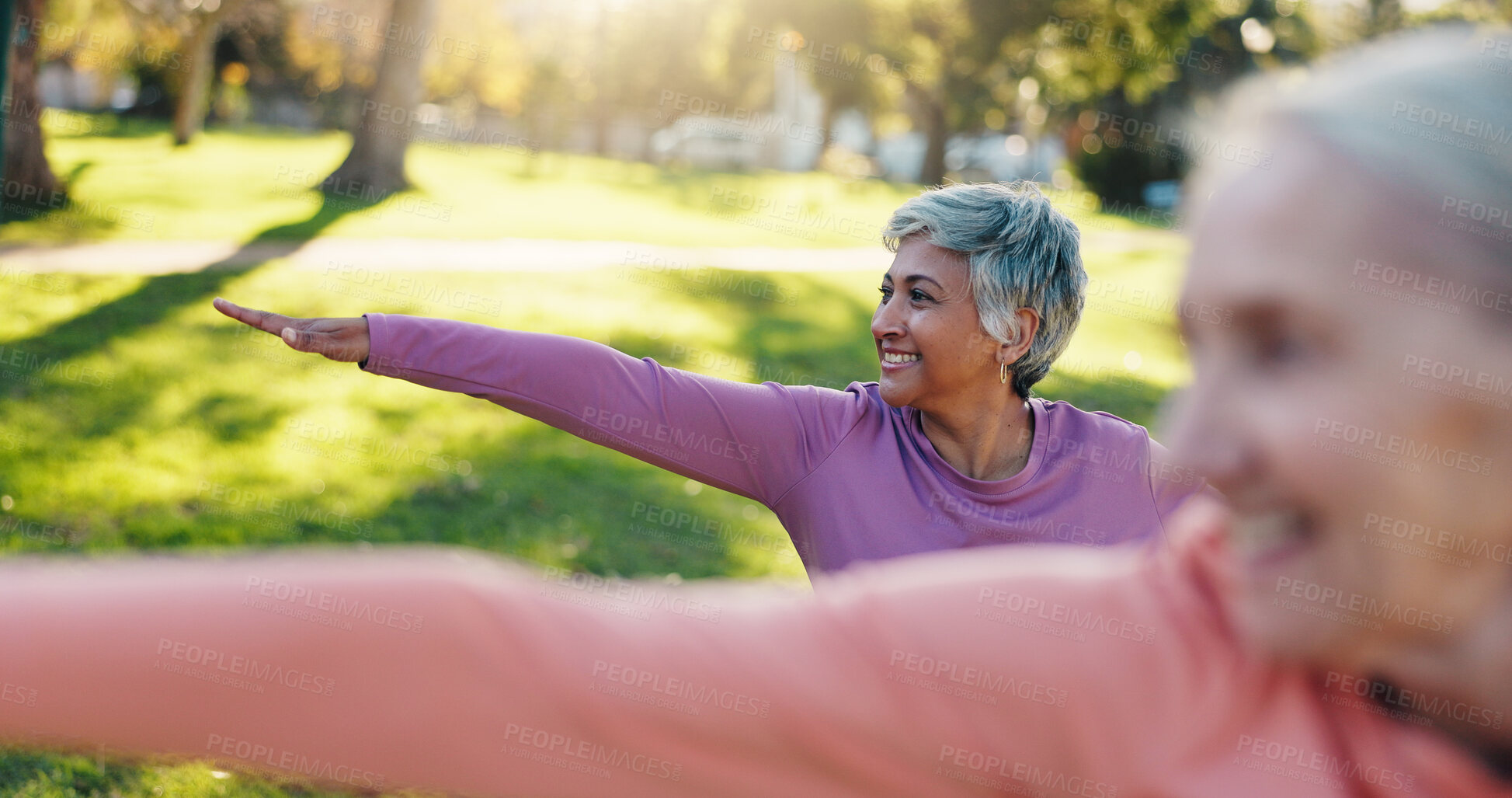 Buy stock photo Yoga, stretching and happy with old people in park for wellness, class or mobility exercise. Joint friendly training, retirement and learning with senior women outdoor for health and fitness