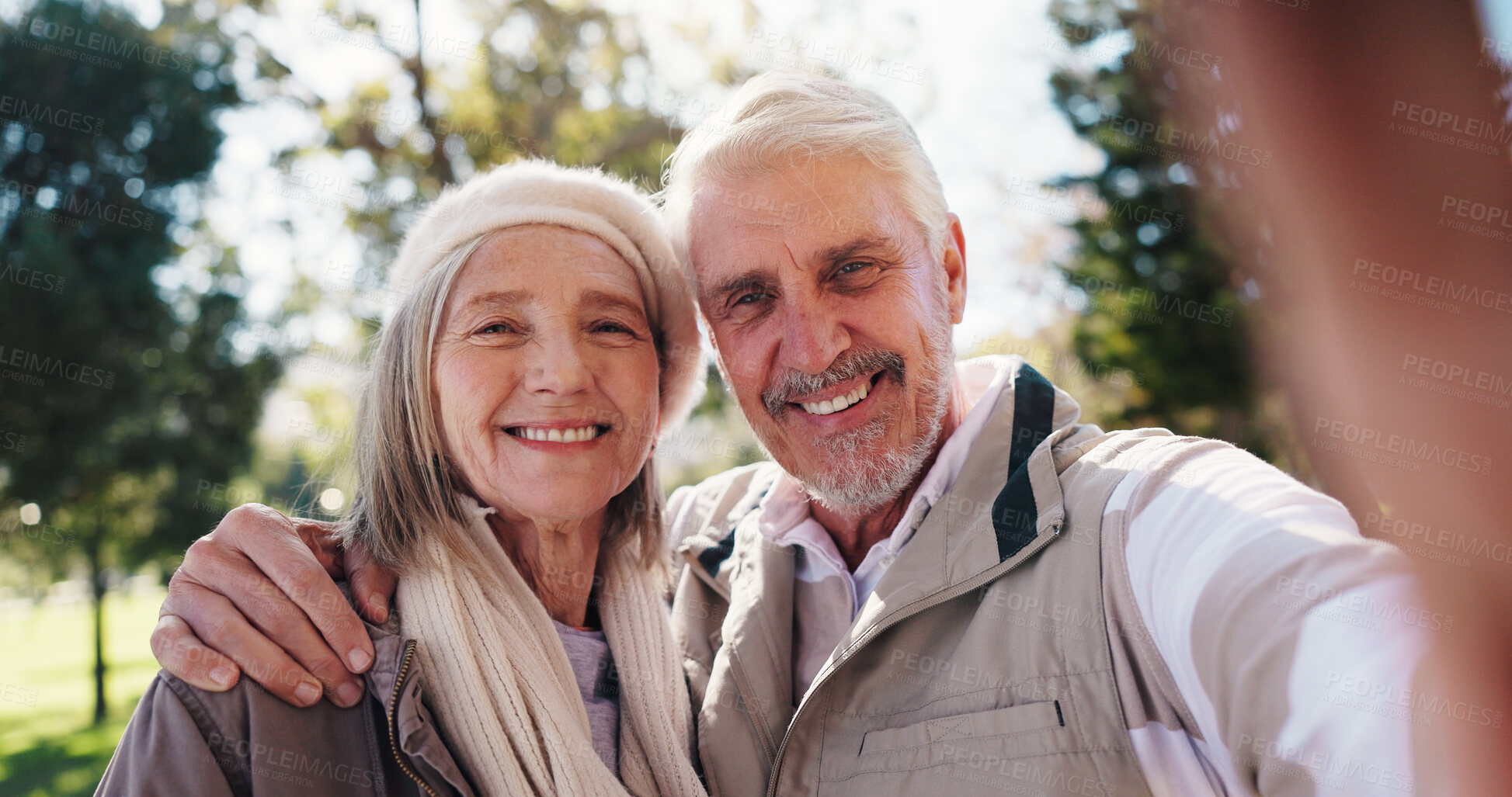 Buy stock photo Portrait, selfie and old couple in park with smile for connection, commitment or healthy relationship. Married people, elderly man and senior woman outdoor for love, photography and bonding together.