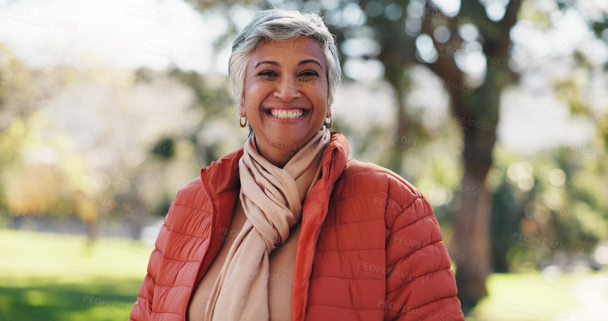 Buy stock photo Fashion, portrait and smile of old woman in park for break, retirement or winter wellness. Clothes, outfit and style with happy senior person outdoor in nature for cold morning or satisfaction