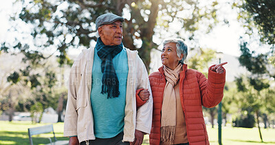 Buy stock photo Retirement, walk and couple in park with bonding together, love and connection in happy marriage. Romance, old man or woman in nature with stroll, communication or soulmate in healthy relationship.