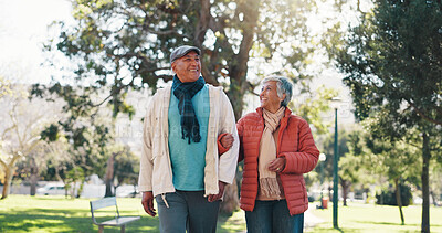 Buy stock photo Retirement, walking and couple in park with bonding together, love and connection in happy marriage. Romance, old man or woman in nature with stroll, commitment or soulmate in healthy relationship.