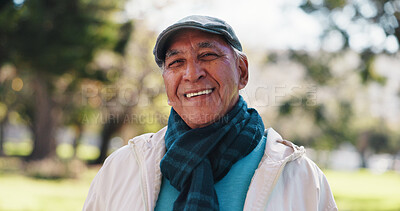Buy stock photo Fashion, portrait and smile of old man in park for break, retirement or winter wellness. Clothing, scarf and style with happy senior person outdoor in nature for cold morning or satisfaction