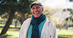 Clothes, portrait and smile of old man in park for break, retirement or winter wellness. Fashion, scarf and style with happy senior person outdoor in nature for satisfaction or sunny morning