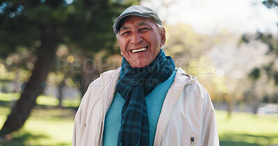 Buy stock photo Clothes, portrait and smile of old man in park for break, retirement or winter wellness. Fashion, scarf and style with happy senior person outdoor in green garden for cold morning or satisfaction