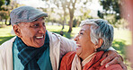 Old couple, selfie or hug in park with smile for connection, commitment or healthy relationship. Happy people, elderly man and senior woman outdoor for embrace, love photography and bonding together.