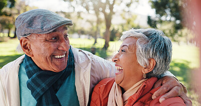 Buy stock photo Old couple, selfie or hug in park with smile for connection, commitment or healthy relationship. Happy people, elderly man and senior woman outdoor for embrace, love photography and bonding together.