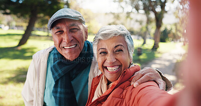 Buy stock photo Portrait, happy or old couple in park with selfie for connection, commitment or healthy relationship. Embrace, elderly man and senior woman outdoor for marriage, love photography or bonding together.