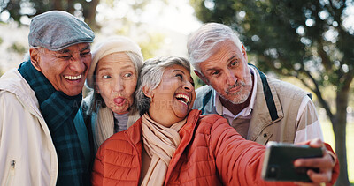 Buy stock photo Senior friends, selfie and funny face at park for happy memory, tongue out or group laugh together. Profile picture, elderly men and women outdoor for silly photo, social media update and retirement