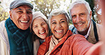 Senior friends, selfie and laugh at park for happy memory, portrait or group bonding together. Profile picture, elderly men and women outdoor for funny photo, social media update or POV in retirement