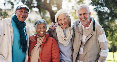 Buy stock photo Smile, hug and portrait of old people in park for retirement, bonding and support. Happiness, adventure and social reunion with couple of senior friends outdoor for health, embrace and calm together