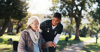 Buy stock photo Outdoor, caregiver and senior woman with wheelchair, healthcare and help for walk and rehabilitation. Assisted living, nurse and elderly patient with disability, physical therapy and people in nature