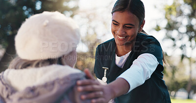 Buy stock photo Support, park and happy nurse with senior woman for care, help or assistance in retirement. Trust, caregiver and elderly person outdoor with smile, wellness and rehabilitation for medical healthcare