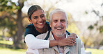 Hug, portrait and smile of nurse with old man in park for assisted living or rehabilitation. Love, retirement or wellness with happy caregiver and senior patient embracing in nature for support