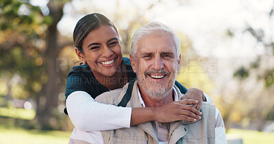 Buy stock photo Hug, portrait and smile of nurse with old man in park for assisted living or rehabilitation. Love, retirement or wellness with happy caregiver and senior patient embracing in nature for support