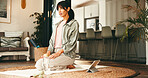 Fitness, yoga and woman in house with tablet, video tutorial or seated for online class. Pilates, health guide or connection in home with tech, wellness or performance routine on training app.