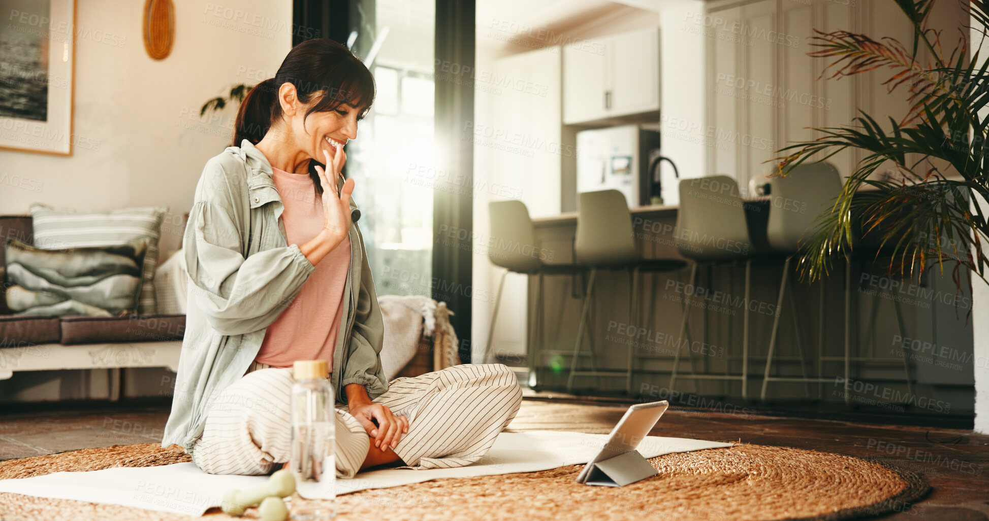 Buy stock photo Tablet, wave and yoga with happy woman on floor in living room of home for online holistic course. App, fitness and wellness with mature yogi person in apartment for virtual health class or tutorial