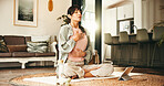 Breathing, tablet and yoga with woman on floor in living room of home for online holistic course. App, balance and wellness with mature yogi person in apartment for virtual health class or tutorial