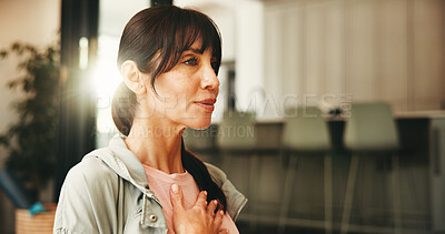 Buy stock photo Woman, breathing and meditation for yoga at house with zen, spiritual awareness and holistic healing. Mature person, exhale exercise and inner peace of mindfulness, balance and mental health wellness