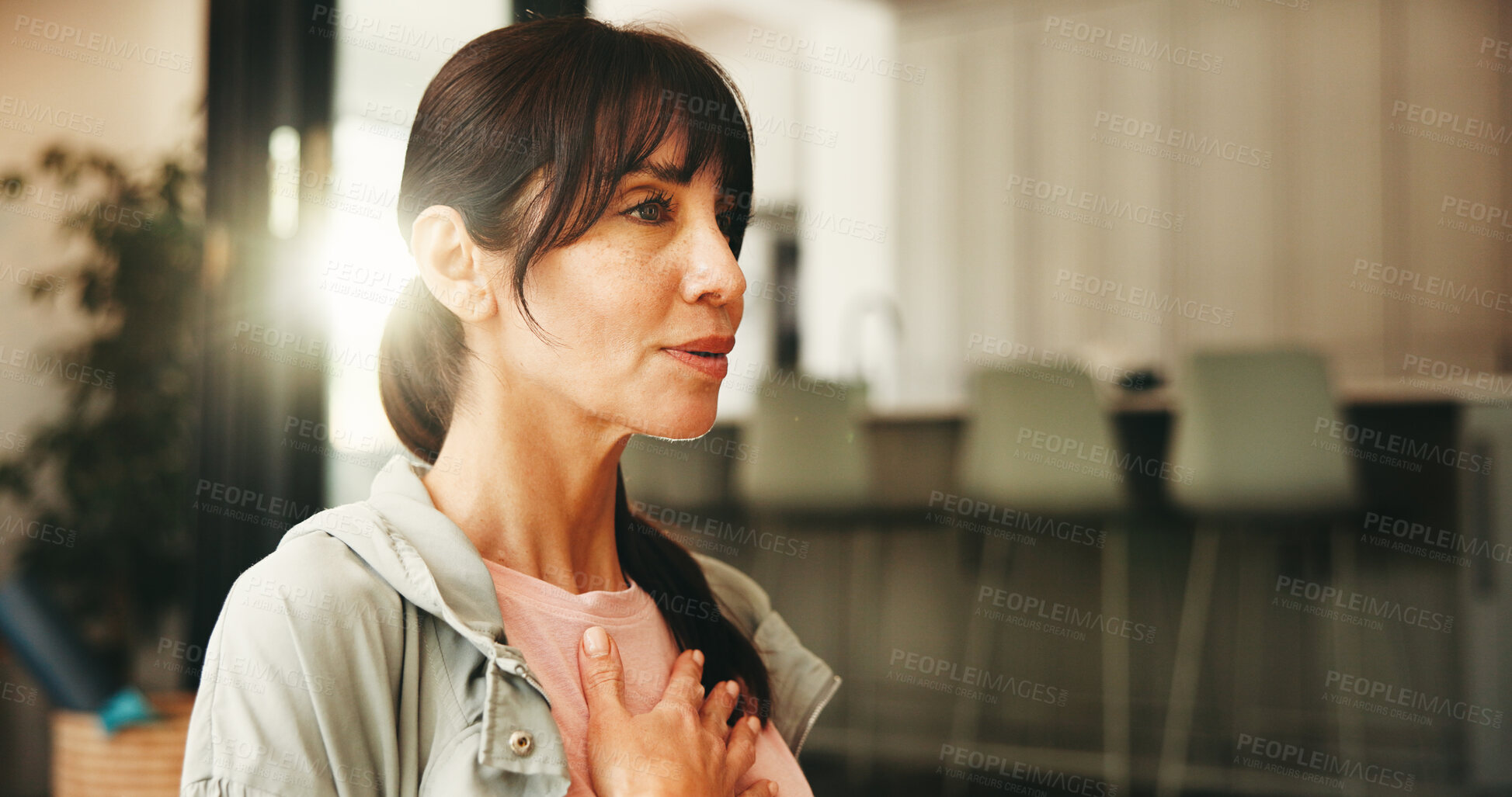 Buy stock photo Woman, breathing and meditation for yoga at house with zen, spiritual awareness and holistic healing. Mature person, exhale exercise and inner peace of mindfulness, balance and mental health wellness