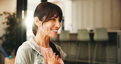 Buy stock photo Smile, woman and breathing for yoga at house with zen, spiritual awareness and holistic healing. Mature person, inhale meditation and mindfulness with inner peace, balance and mental health wellness