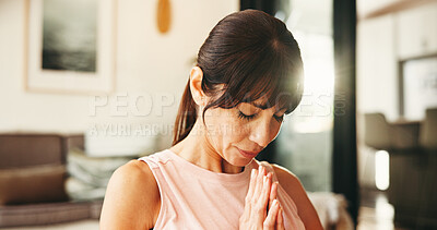 Buy stock photo Woman, yoga and meditation with namaste for inner peace, spiritual wellness or zen in home. Holistic, female person or yogi with calm breathing exercise for awareness, chakra or mindfulness in house