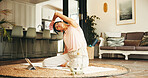 Stretching, tablet and yoga with woman on floor in living room of home for online holistic course. App, warm up and wellness with mature yogi person in apartment for virtual health class or tutorial