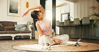 Buy stock photo Fitness, stretching and tablet with woman on floor of home living room for online holistic course. App, warm up and yoga with mature person in apartment for virtual health class or wellness tutorial