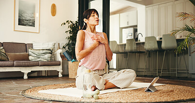 Buy stock photo Woman, yoga or breathing exercise with tablet for online class, tutorial or awareness in home. Meditation, female person or yogi with technology, water or dumbbells for virtual lesson or mindfulness
