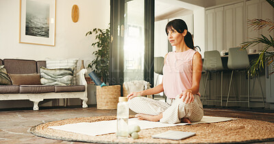 Buy stock photo Thinking, woman and meditation for yoga at house with zen, spiritual awareness and holistic healing. Mature person, breathing exercise and inner peace for mindfulness, balance and wellness routine