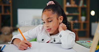 Buy stock photo Home, writing and child with homework, education and preparing for assignment, learning or knowledge. Studying, kid and girl with notebook for project, growth and student with fine motor development