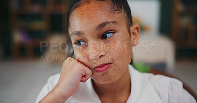 Buy stock photo Thinking, student and idea with child in home for brainstorming, math solution and vision. Reflection, problem solving and education mindset with girl in house for studying, curious and memory