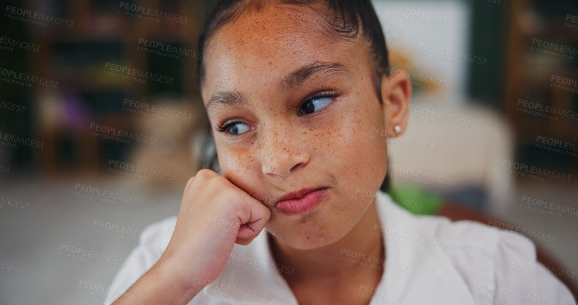 Buy stock photo Thinking, student and idea with child in home for brainstorming, math solution and vision. Reflection, problem solving and education mindset with girl in house for studying, curious and memory