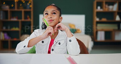 Buy stock photo Thinking, student and homework with child in home for brainstorming, math solution and vision. Reflection, problem solving and education mindset with girl in house for studying, curious and memory