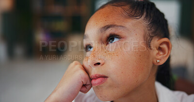 Buy stock photo Thinking, student and vision with child in home for brainstorming, math solution and idea. Reflection, problem solving and education mindset with girl in house for studying, curious and memory