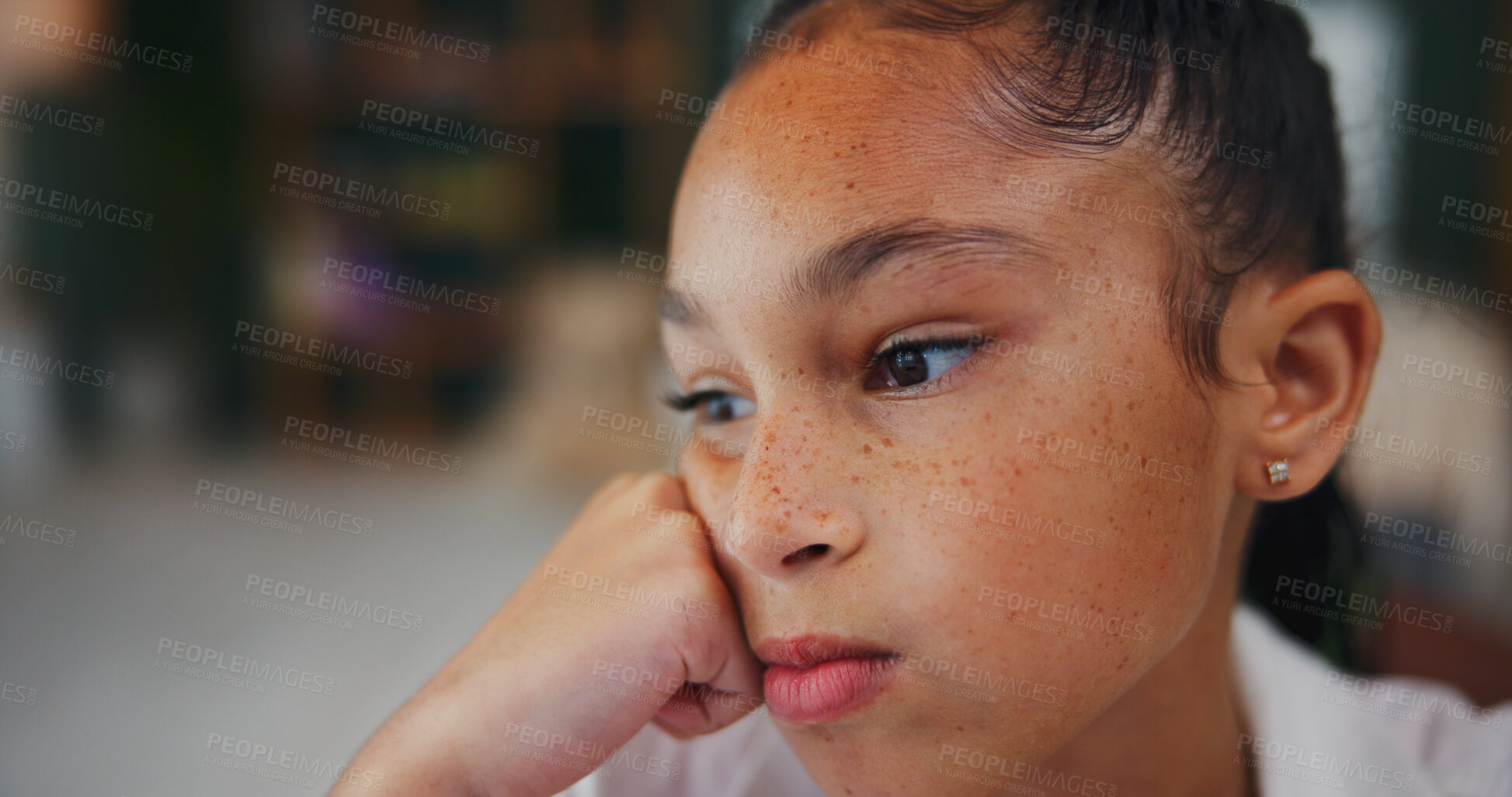 Buy stock photo Thinking, student and memory with child in home for brainstorming, math solution and vision. Reflection, problem solving and education mindset with girl in house for studying, curious and idea