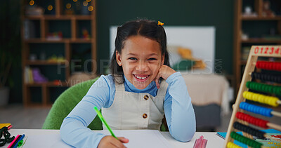 Buy stock photo Happy, homework and portrait of girl in home for learning, education and writing in book for activity. School, house and child with stationery, notebook and drawing for assessment, lesson and project