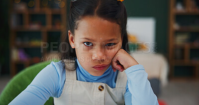 Buy stock photo Bored, portrait and child in bedroom with homework, annoyed or tired of problem solving at home. Angry, learner and girl in house with pout, school burnout and moody in homeschool assignment.