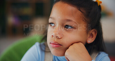 Buy stock photo Thinking, student and decision with child in home for brainstorming, math solution and vision. Reflection, problem solving and education mindset with girl in house for studying, curious and memory