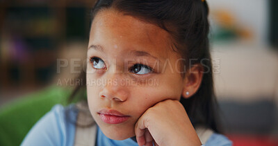 Buy stock photo Thinking, student and perspective with child in home for brainstorming, math solution and vision. Reflection, problem solving and education mindset with girl in house for studying, curious and memory