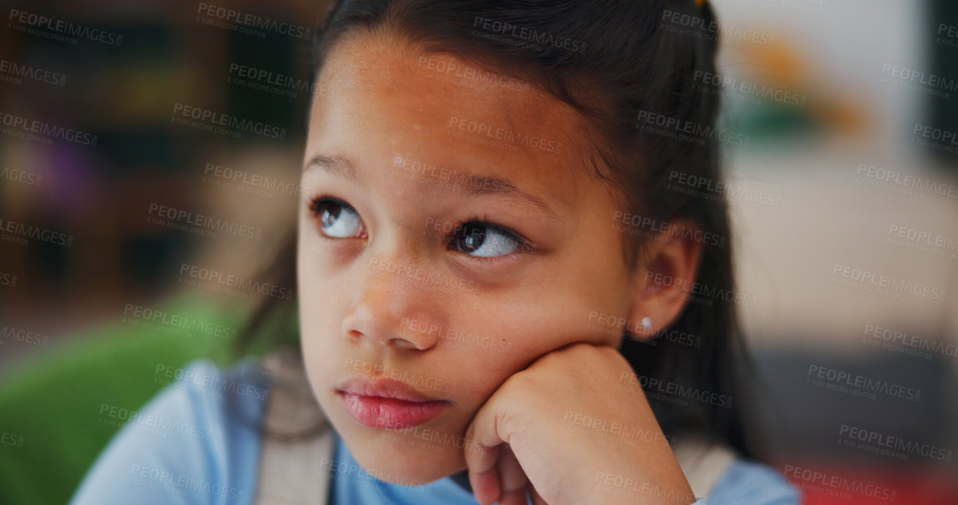 Buy stock photo Thinking, student and perspective with child in home for brainstorming, math solution and vision. Reflection, problem solving and education mindset with girl in house for studying, curious and memory