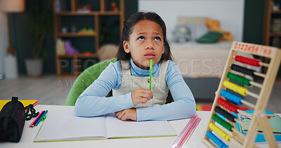 Buy stock photo Thinking, homework and book with child in home for brainstorming, math solution and vision. Reflection, problem solving and education mindset with girl in house for studying, curious and memory