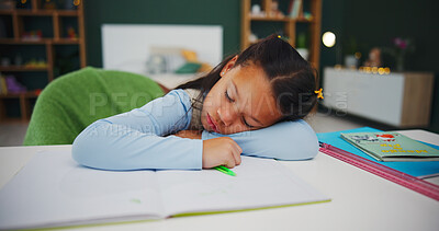 Buy stock photo Tired, sleeping and child in bedroom with homework, fatigue or rest during problem solving at home. Burnout, learner and girl in house with notebook, nap and exhausted in homeschool assignment.