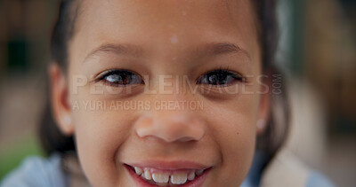 Buy stock photo Portrait, child and student with smile at house for education, learning pride and knowledge growth. Happy, kid and closeup of girl for homeschool, study break and ambition for academic development