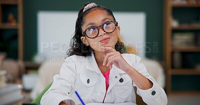 Buy stock photo Thinking, student and glasses with child in home for brainstorming, math solution and vision. Reflection, problem solving and education mindset with girl in house for studying, curious and homework