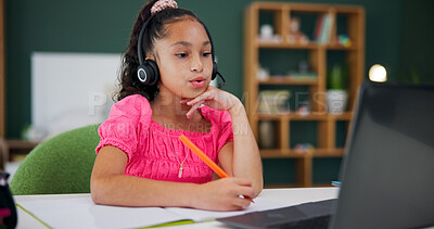Buy stock photo Online class, laptop and child with headset, home and listening to virtual tutoring session for exam. Studying, student and kid with mic for communication, education and fine motor skills for girl