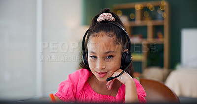 Buy stock photo Headset, elearning and child with computer in home for study, internet tutorial or virtual lesson. Tech, remote education or girl with mic for knowledge, course or student in online class with bokeh