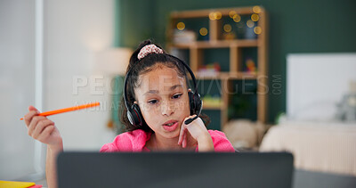Buy stock photo Headset, elearning and kid with computer in home for study, homeschool or virtual lesson. Tech, remote education or girl talk on video call for course, online class or student in bedroom with bokeh